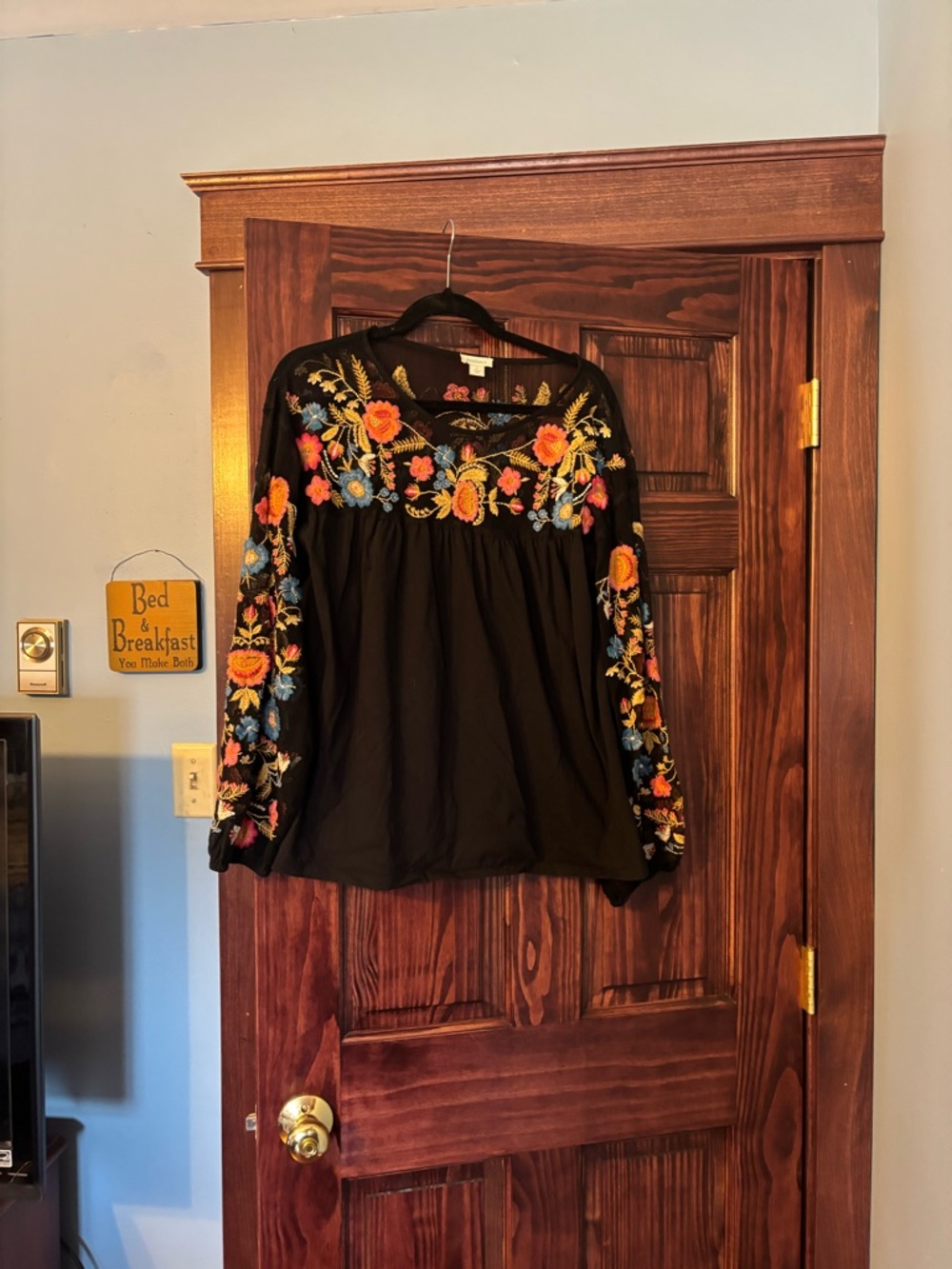 Sundance Black Mesh Top with Multicolor Floral Embroidery